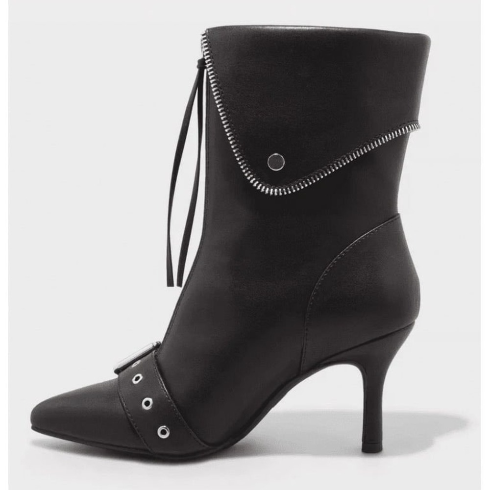 A New Day Boots Buckle Zipper Kitten Heel Women 8 Black Pointed Toe Ankle Bootie